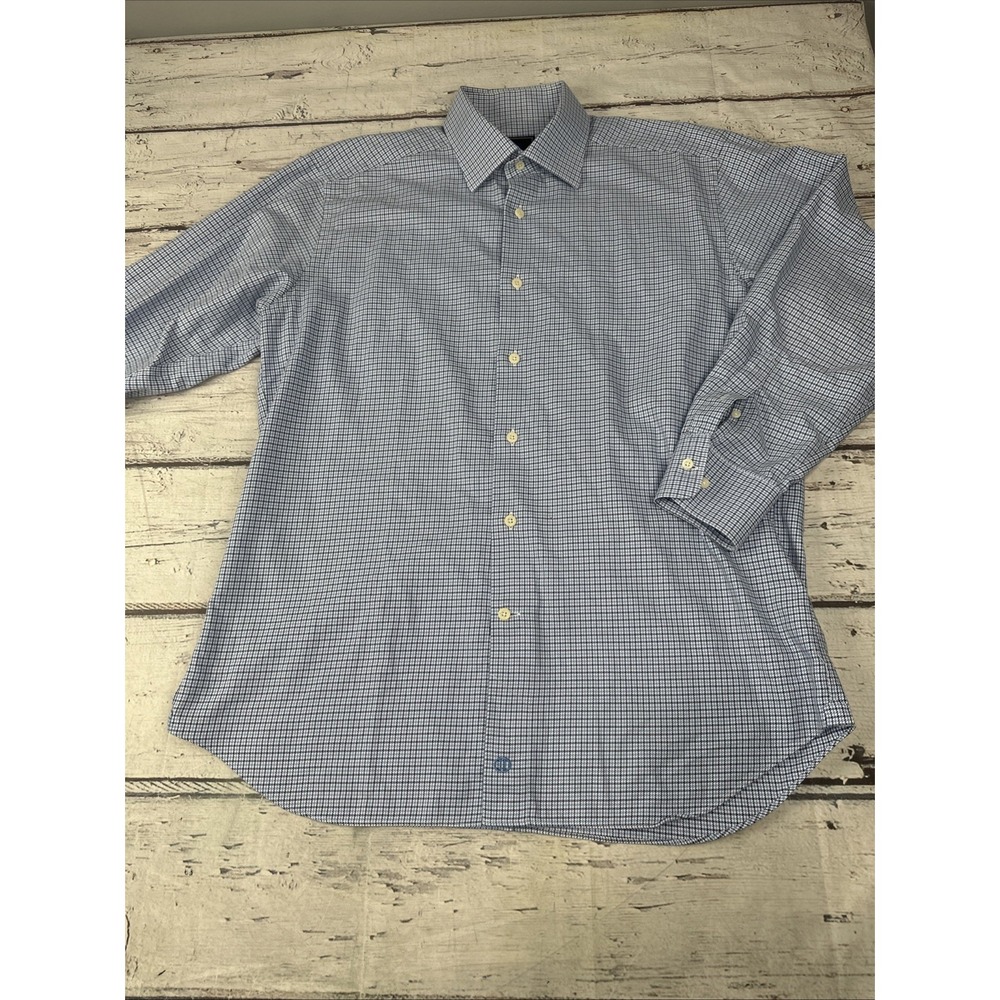 David Donahue Mens Fit Dress Shirt Blue White Micro Check 16 32/33 Cotton